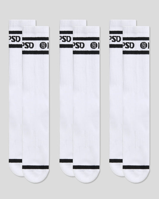 Men 3 Pack - Logo Stripe Crew - White - Crew Sock | PSD